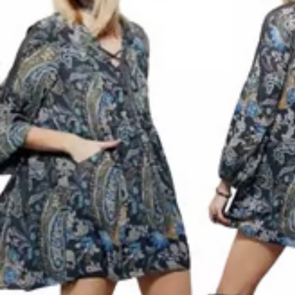 Free People small paisley pocket above knee flowy lace mini dress long sleeve - Picture 8 of 12